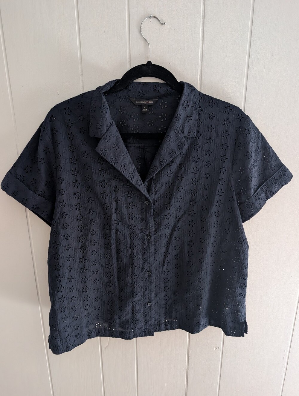 Banana Republic Navy Eyelet Button-Front Camp Collar Top